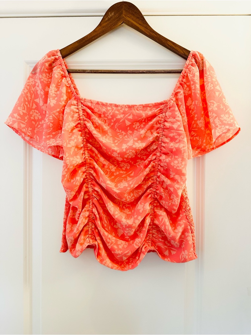 Lush Coral Floral Ruched Off-Shoulder Top